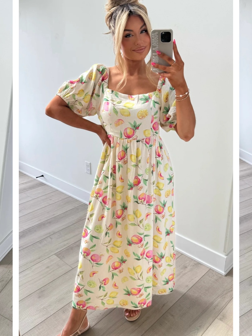 Women’s Cream Lemon & Peach Print Puff Sleeve Maxi Dress NWT